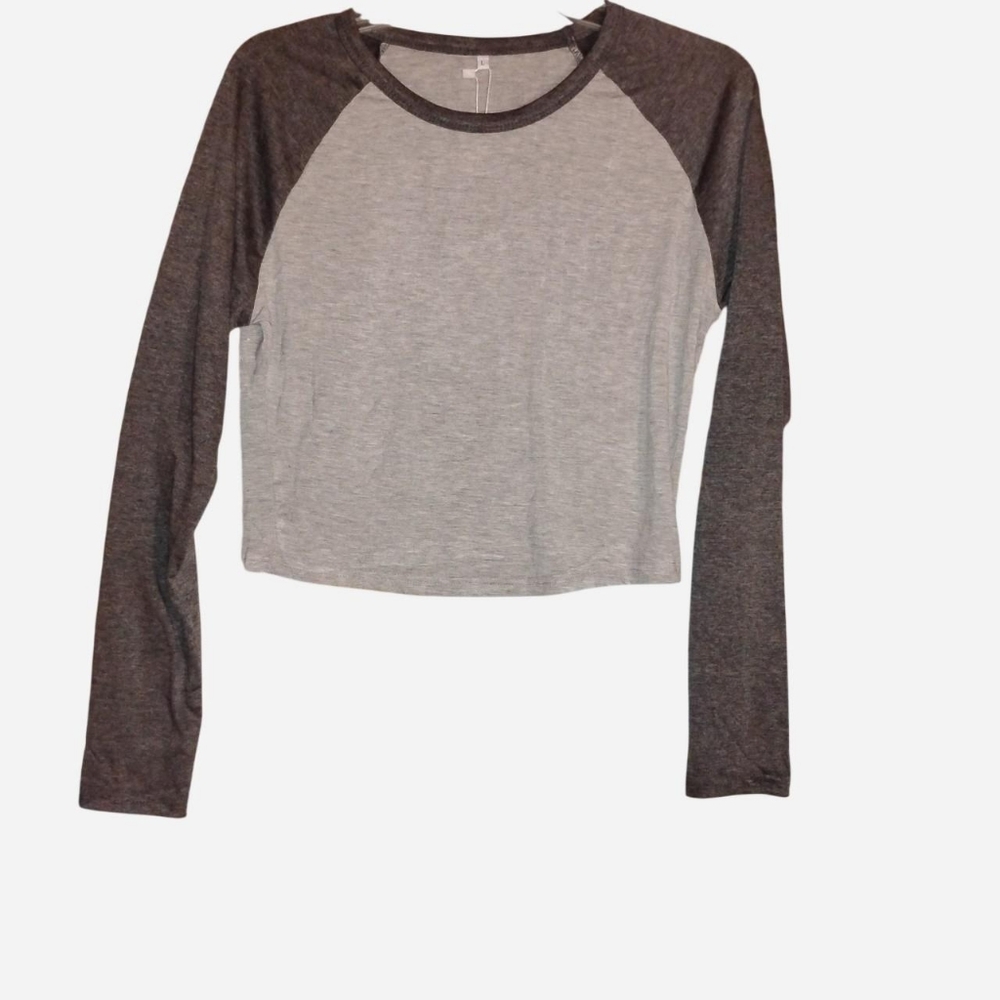 Sweetyweee Grey Raglan Crop Top - Long Sleeve Baseball Tee - Size L NWT